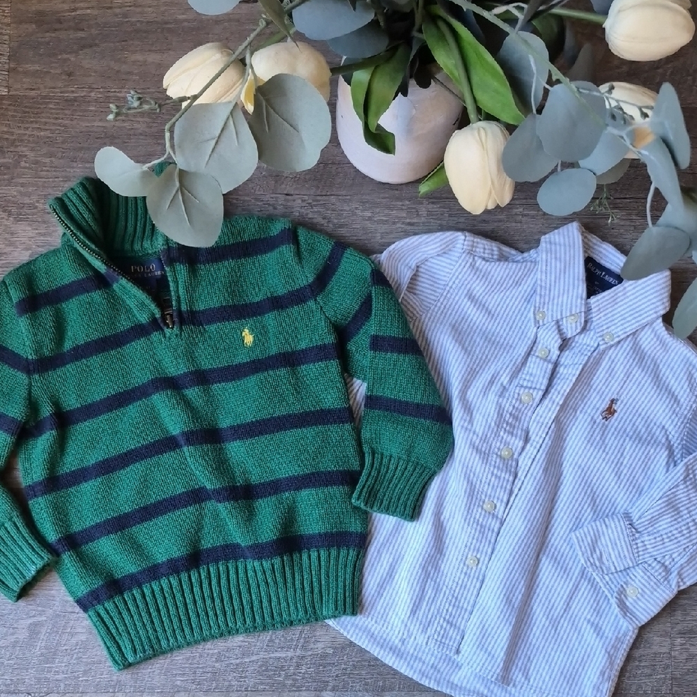 Polo by Ralph Lauren Kids Green Striped Sweater and Blue Striped Shirt Set 4T